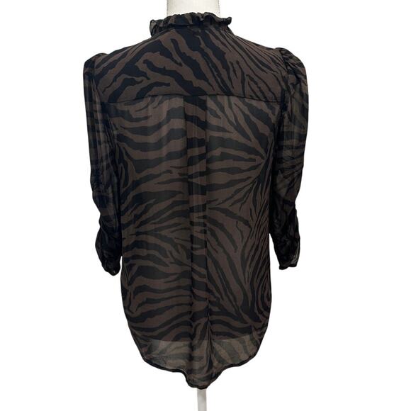 ba&sh Sisco Animal Print Ruffle Sheer Blouse Brown Black Naturel Career Sz Small - Picture 5 of 12